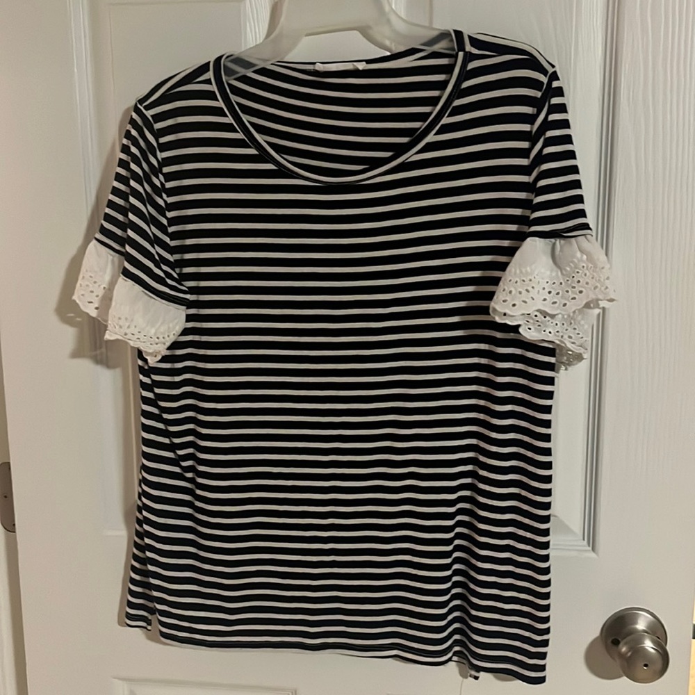 Boutique navy and white striped top with lace details